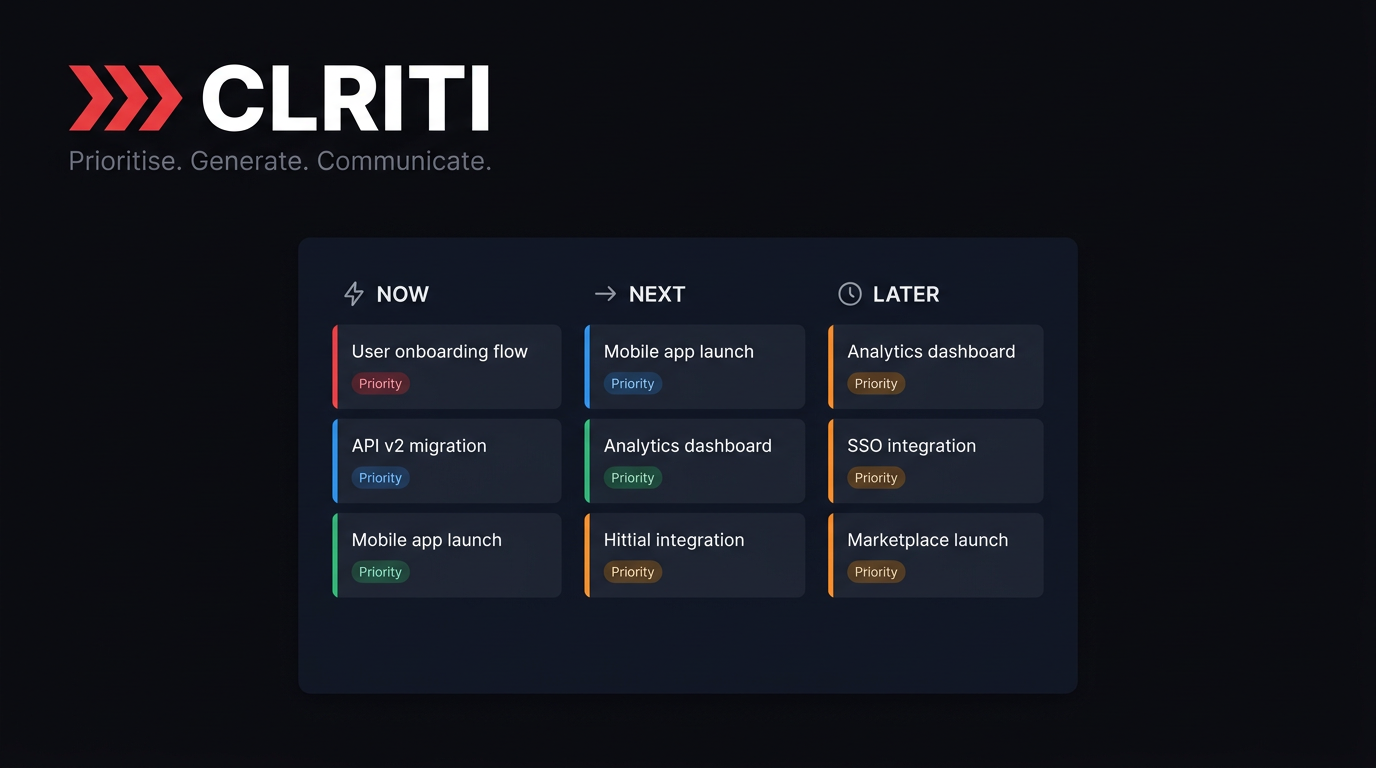 Screenshot of CLRITI, Paste a strategy, get exec, engineering and sales roadmaps in seconds